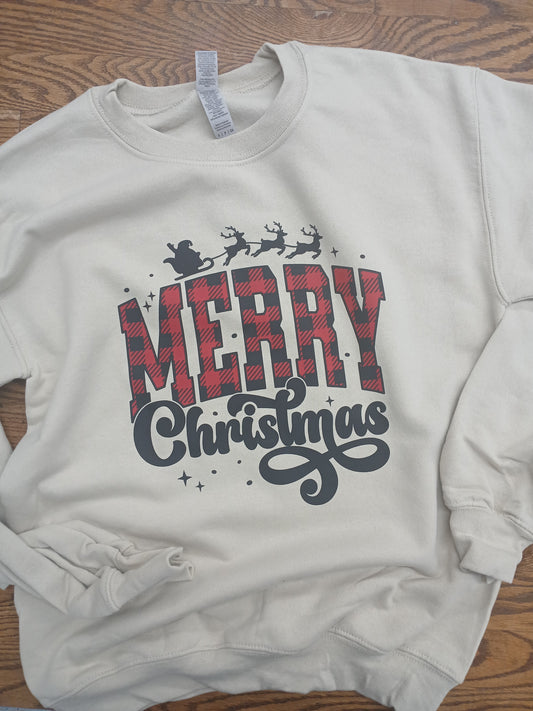 Sand colored sweatshirt with 'Merry Christmas' text and Santa and his reindeer flying