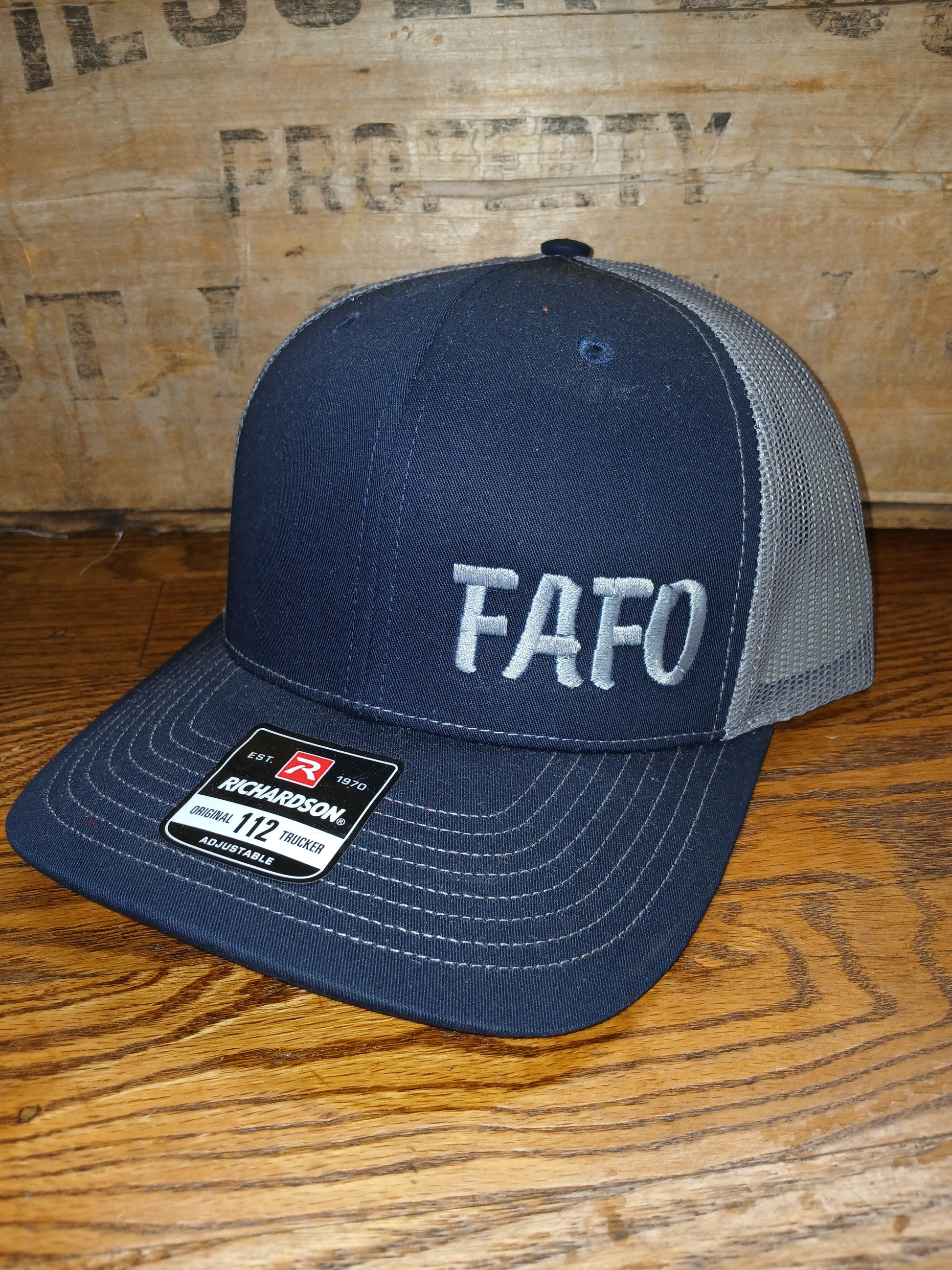 Richardson 112 Blue trucker cap with 'FAFO' 