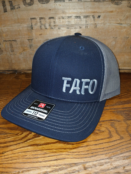 Richardson 112 Blue trucker cap with 'FAFO' 