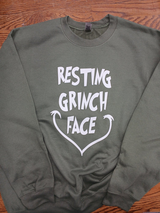 Sage Green sweatshirt with 'Resting Grinch Face' text