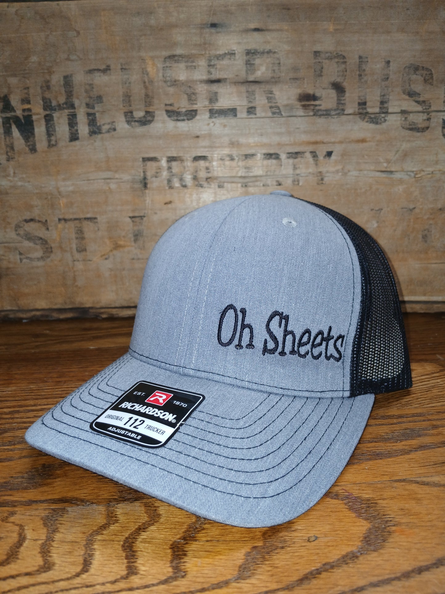 Richardson 112 Gray trucker hat with 'Oh Sheets' text 