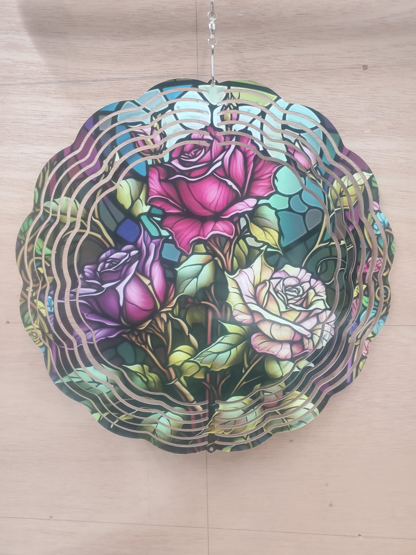 10 inch  wind  spinner with roses and stained glass
