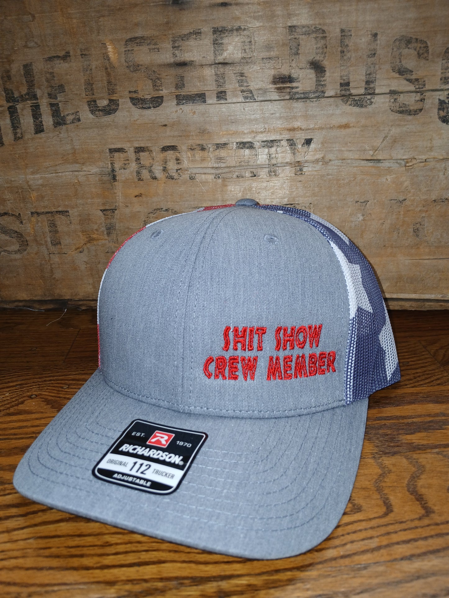 Richardson 112 Gray cap with red text "Shit Show Crew Member"